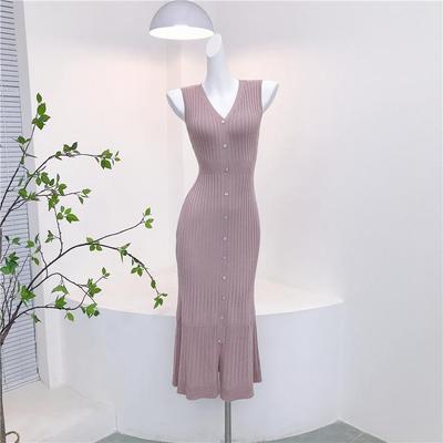 Elegantes ärmelloses Midi-Strickkleid mit V-Ausschnitt, Rippstrick und Meerjungfrauen-Saum für Pendeln & Dates