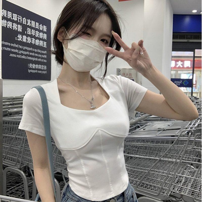 South East Asia new Korean version of fish bone design sense square collar T-shirt women's summer slim and thin short-sleeved top