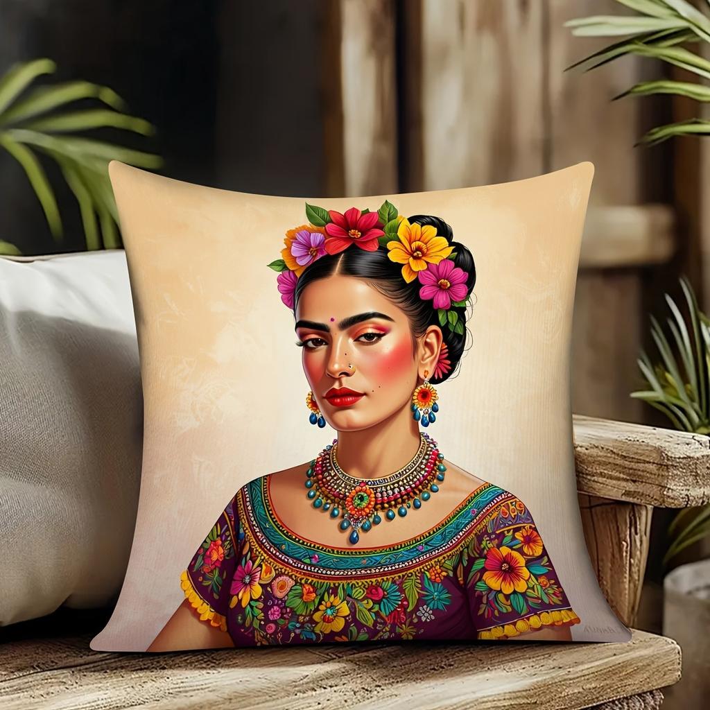 1pc Frida Kahlo Style Mexican Woman Printed Throw Pillow Cover,Suitable for Sofa,Bedroom,LivingRoom,a Unique Gift for Art Lovers