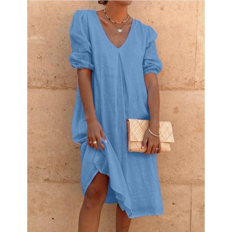 BITCED Fashion Summer Spring Solid Color Print Short Sleeve V-Neck Casual Dresses