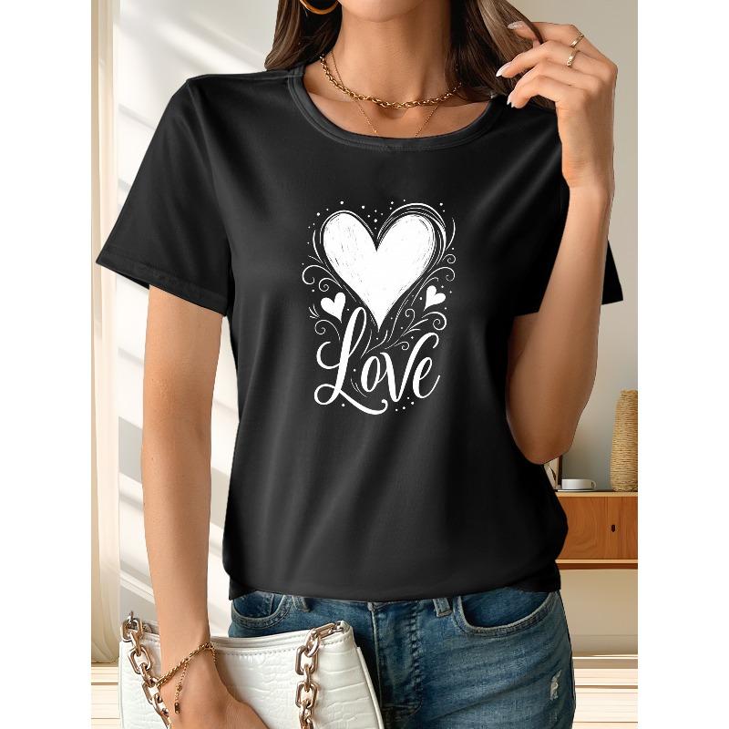 Women s  Art LOVE Heart  fashionable casual short-sleeved shirt, heart-shaped T-shirt, women s clothing, must-have top casual short-sleeved T-shirt 2XL чёрный