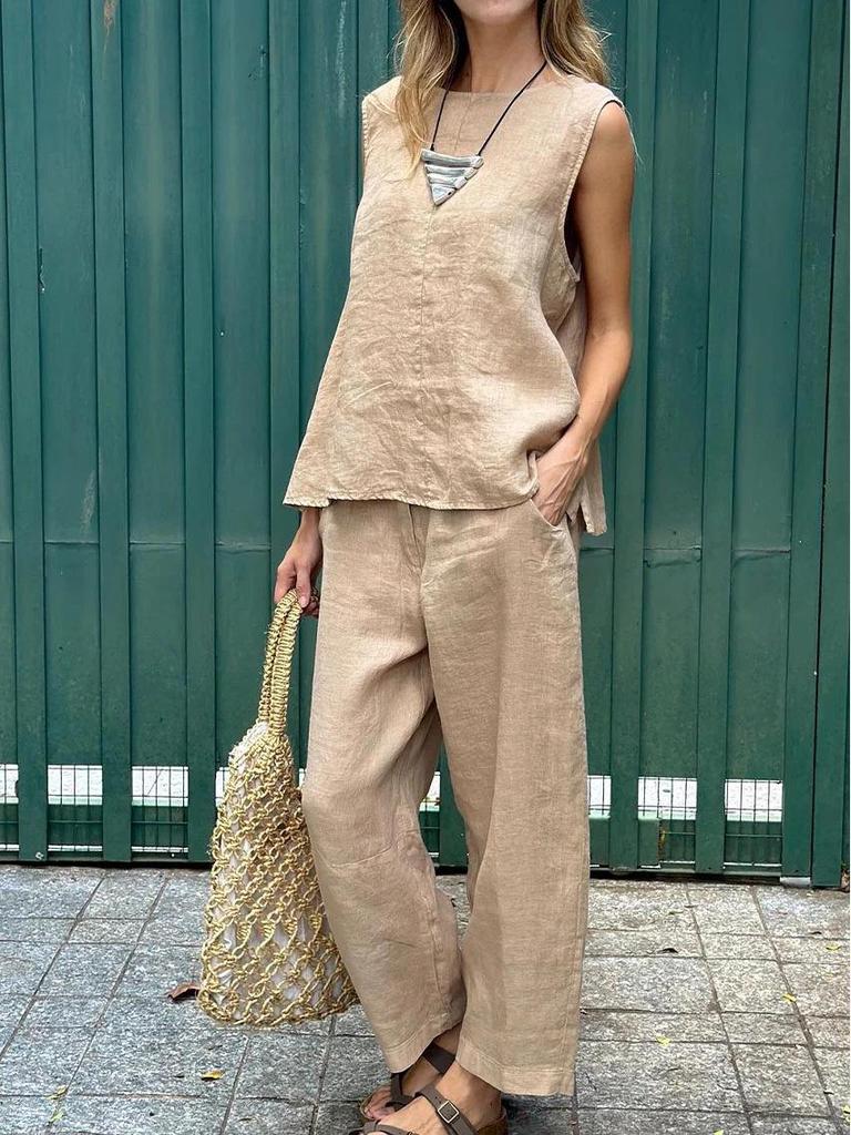 Spring/Summer 2025 Cotton Linen Women's Sleeveless Top & Loose Pants Set