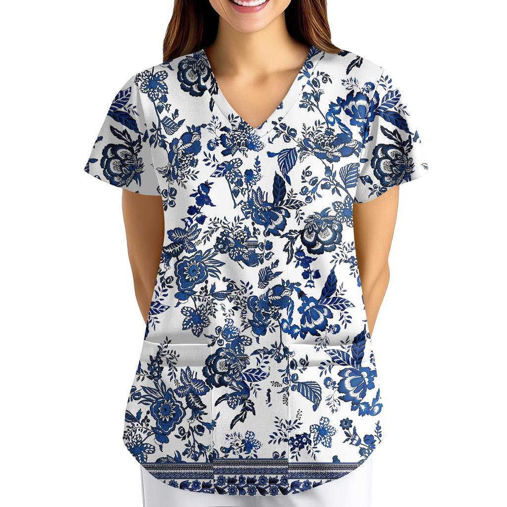 Nadměrná velikost Potištěný pracovní oděv Halenky pro dámský překřížený výstřih do V Potisk Krátký rukáv Zábavná trička Pracovní oděv Tričko s kapsami