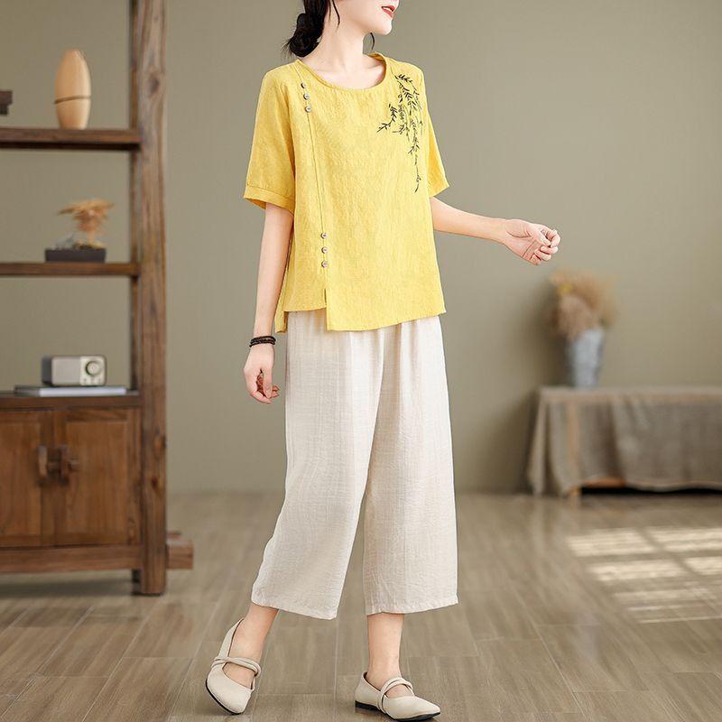 Mid-Age Women's Summer Cotton Linen Embroidered Two-Piece Set: Short Sleeve Top & Pants, Plus Size, Loose Fit