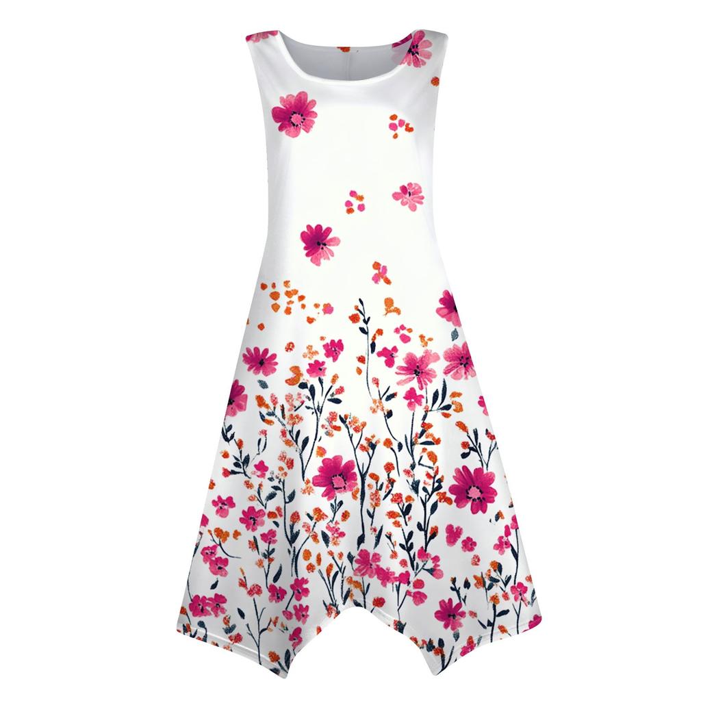 Women's Casual Fashion Round Neck Sleeveless Floral Print Irregular Hem Midi Dress