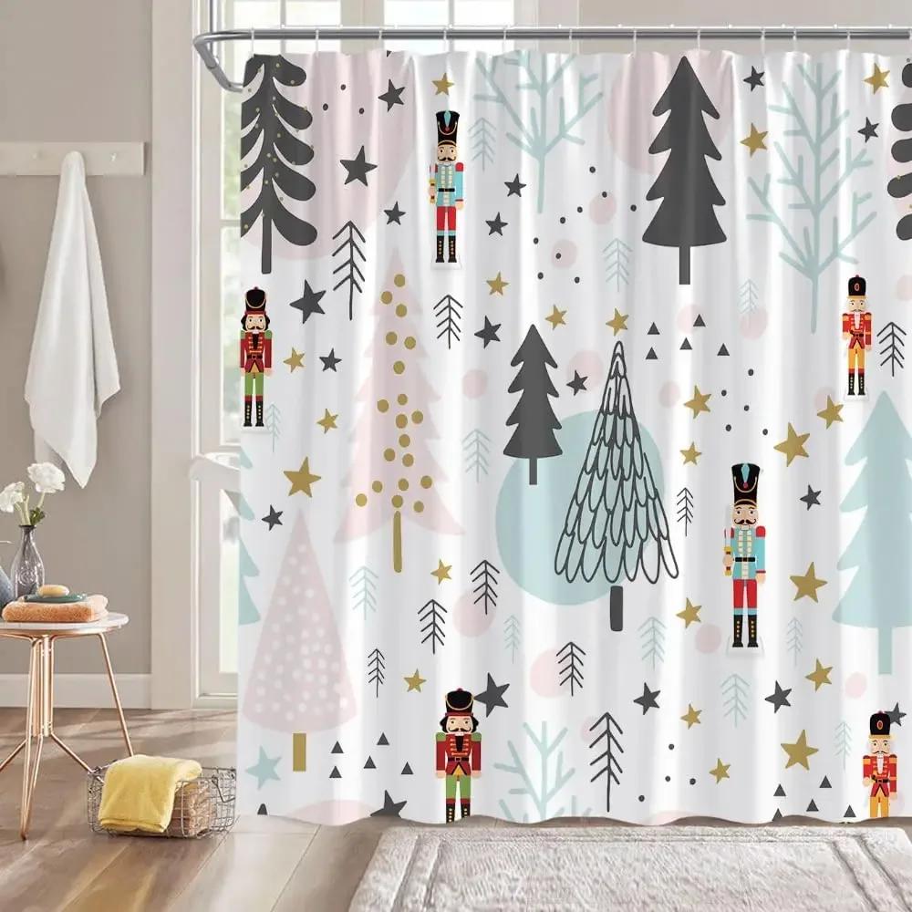 Christmas Nutcracker Shower Curtain, Christmas Tree Snowman Bathroom Curtain Decoration Set With Hook Fabric Christmas Gift