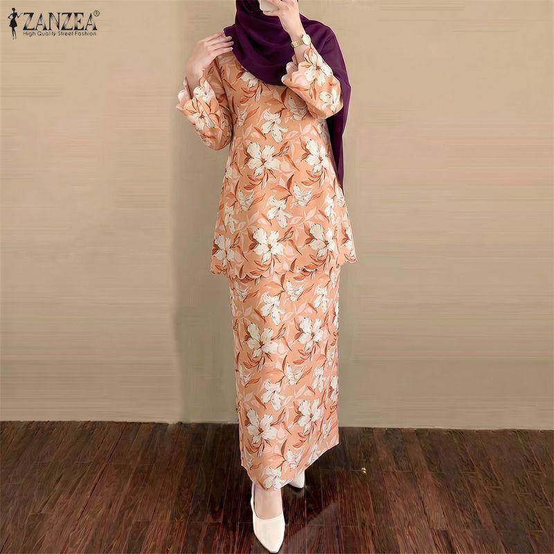 ZANZEA Women Long Sleeve Blouse and Long Skirts Floral Print Two Piece Suit Sets