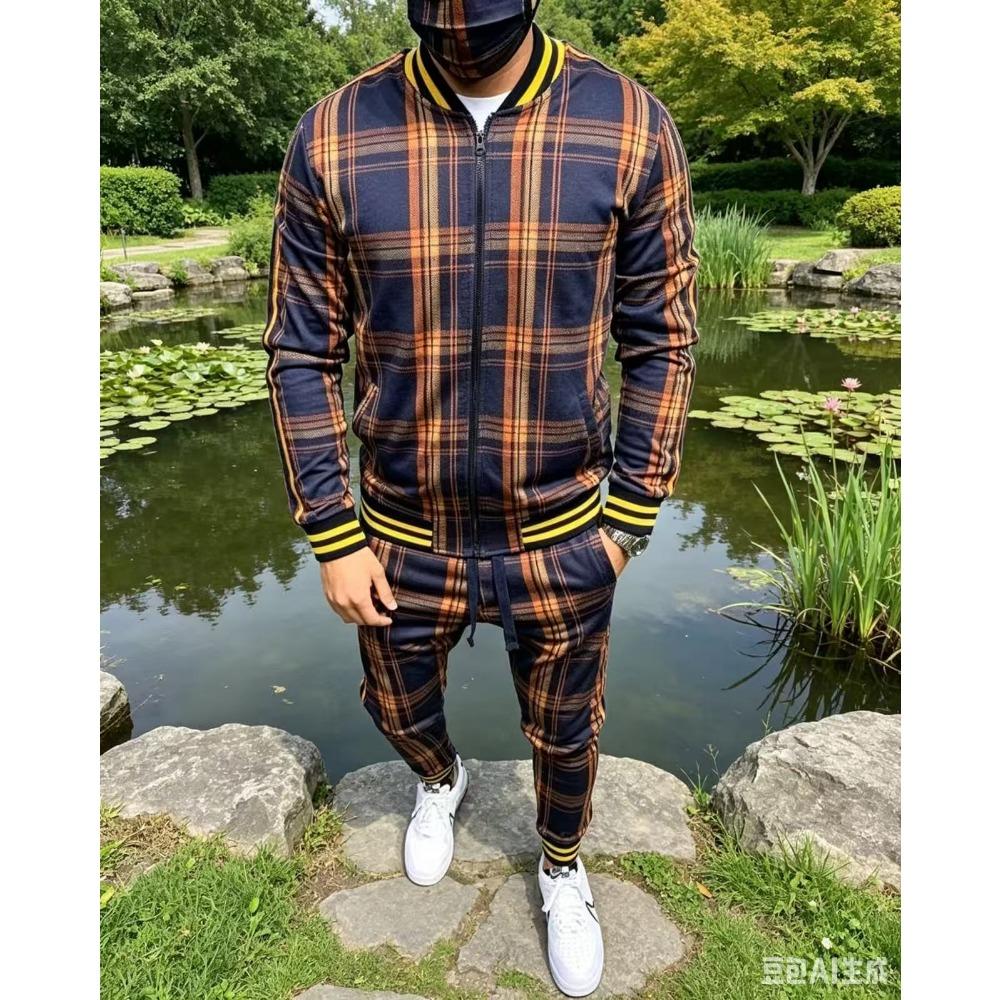 Men Set Tracksuit 3D Plaid Sports Gentlemen Set Jacket Street Fashion Trend Fashion Zipper Sportswear Suit