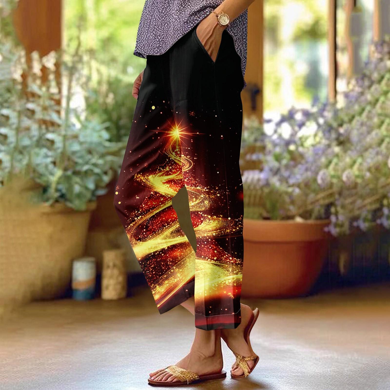 

Женские модные повседневные брюки с прямыми карманами и эластичной талией с рождественским принтом M жёлтый