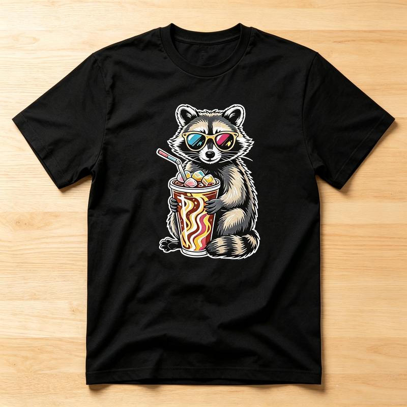 American Cartoon Pop Art Cool Raccoon Sunglasses Iced Coffee Graphic Crew Neck T Shirt Unisex Unisex Unisex Cotton Short Sleeve Top
