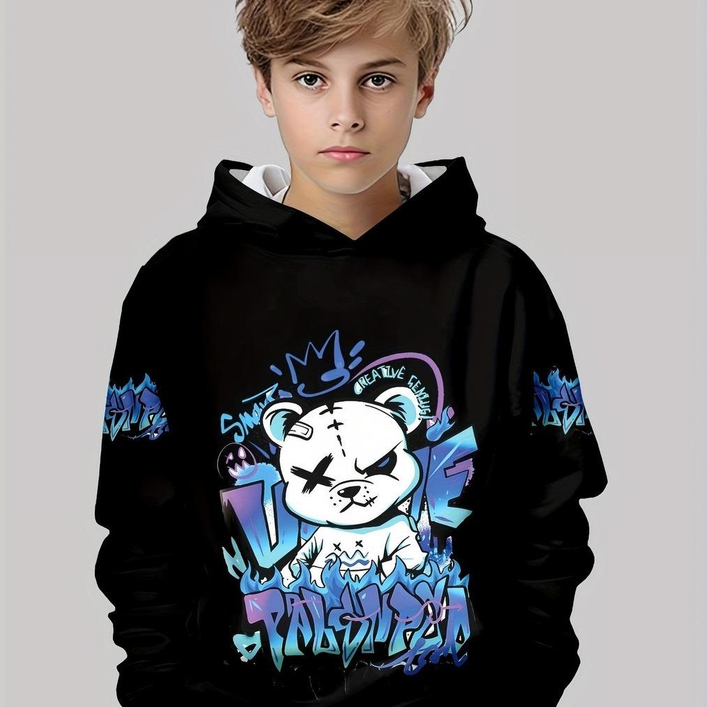 Trendy Boy Round Neck Boy 3D Printed Casual Pullover, Outdoor Hooded Sweatshirt Printed