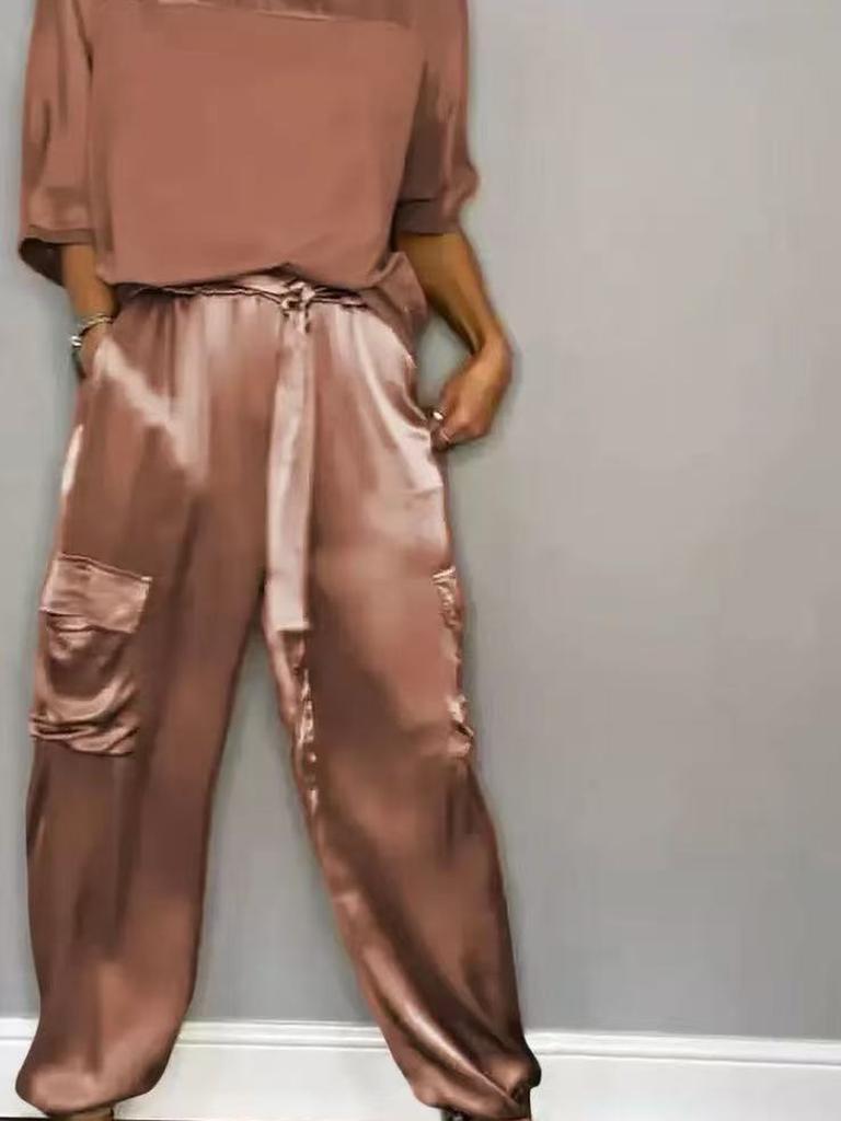Women's Two Piece Set - Sleeveless Top & Pants, Solid Color Loose Casual Smooth Satin Pocketed Fashion Outfit