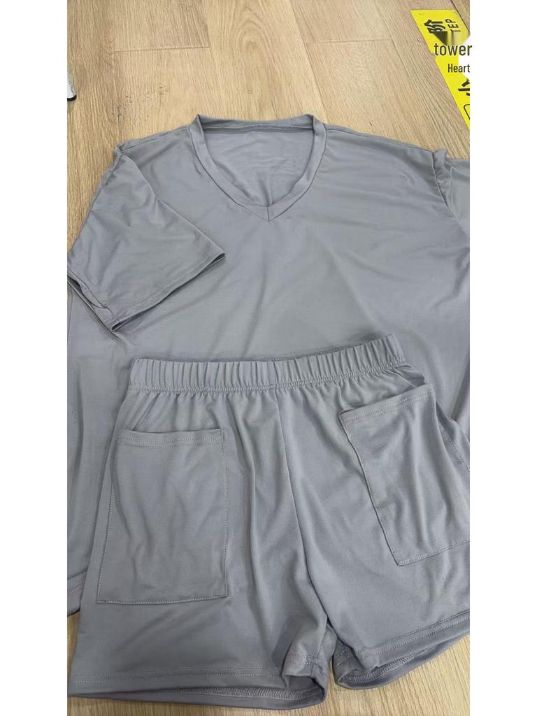 Women's Summer Fashion V-Neck Pajama Set - Casual, Loose, Solid Color