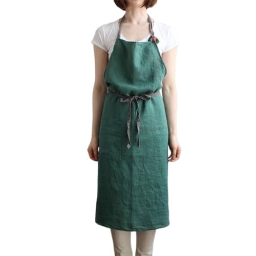 

Glaswe Linen Apron, Approximately 100cm Wide, 96cm Long, Cafe-Style, Covers Your Bottom, Simple Design with Pockets, Home Apron (Dark Green)