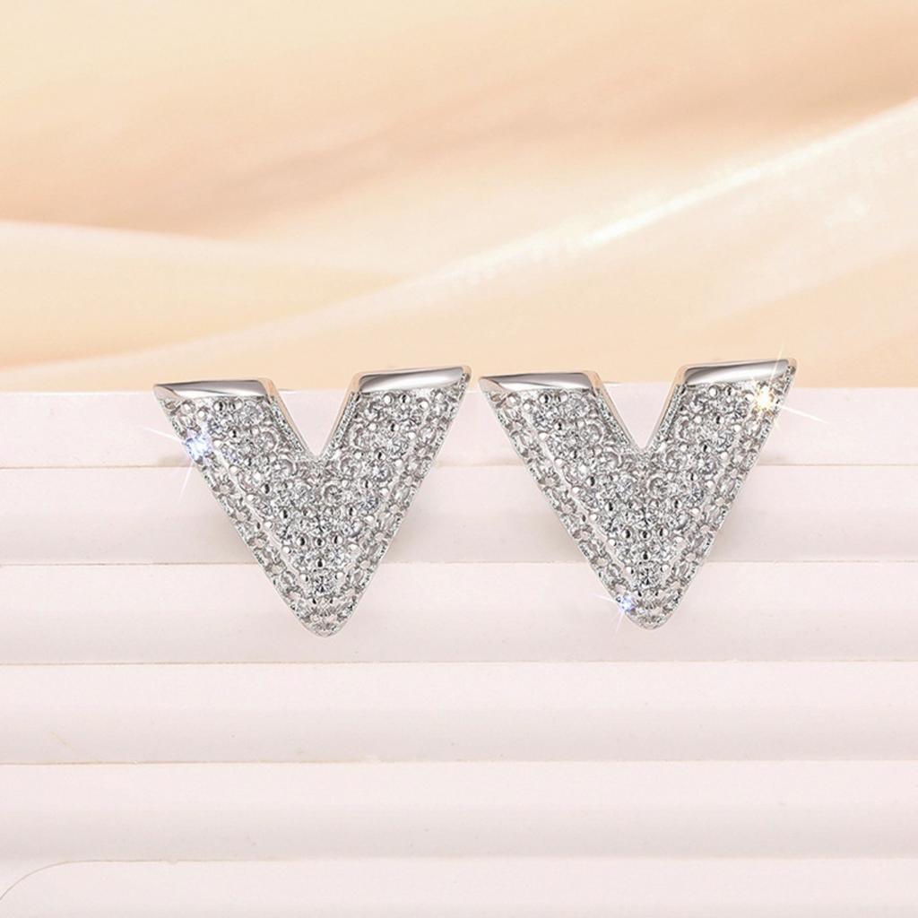 V Shape Stud Earrings for Women Sparkly Pave Set Geometric Earrings Minimalist Daily Fashion Jewelry