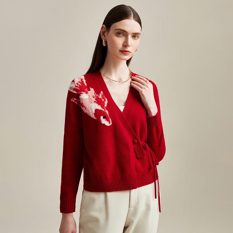 Zhaojun Autumn/Winter Red Chinese Jacquard Pure Cashmere V-Neck Cardigan