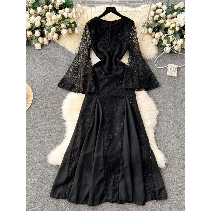 Accessible Luxury Lace Dress Niche Style Bell Sleeve Sequin