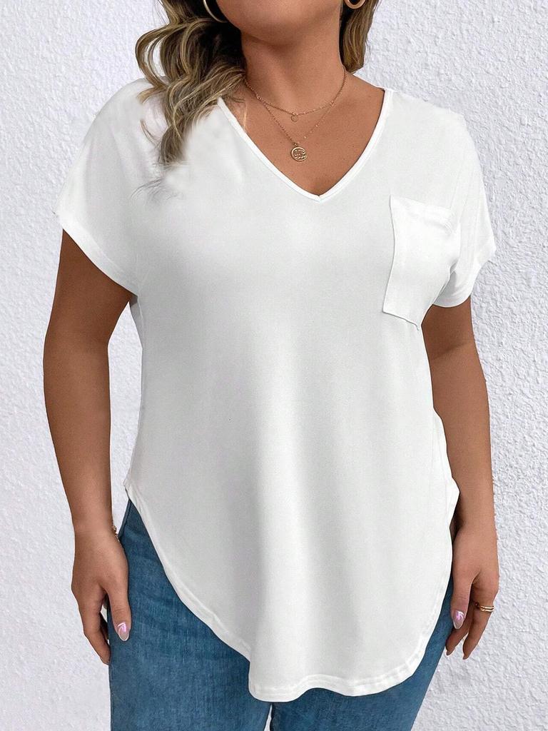 2026 Spring/Autumn Solid Color Plus Size Women's V-neck Short Sleeve Loose Pullover Top