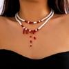 Halloween Retro Multilayer Red Pearl Beaded Pendant Necklace Set for Women Personality Blood Drop Tassel Collar Bone Jewelry
