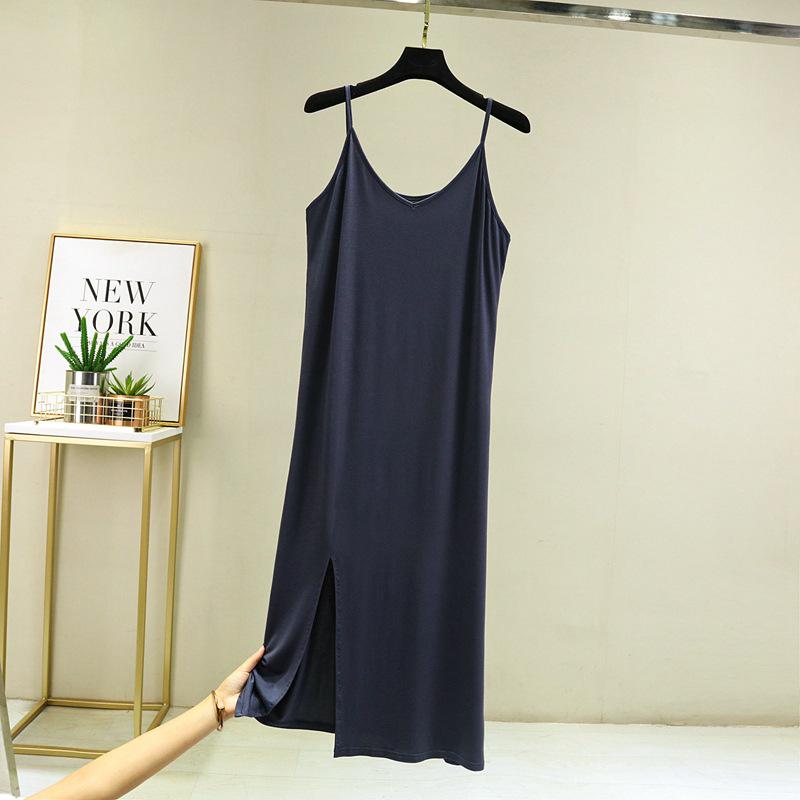 Korean Style Women's Modal Slimming V-Neck Spaghetti Strap Dress with Slit, Plus Size – Spring/Summer Collection