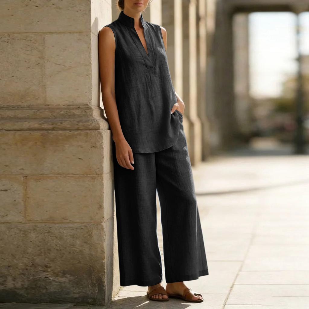 Women Sleeveless V Neck Loose Tank Top Pullover High Waist Wide Leg Pants Set Casual Two Piece Outfit for Daily Wear