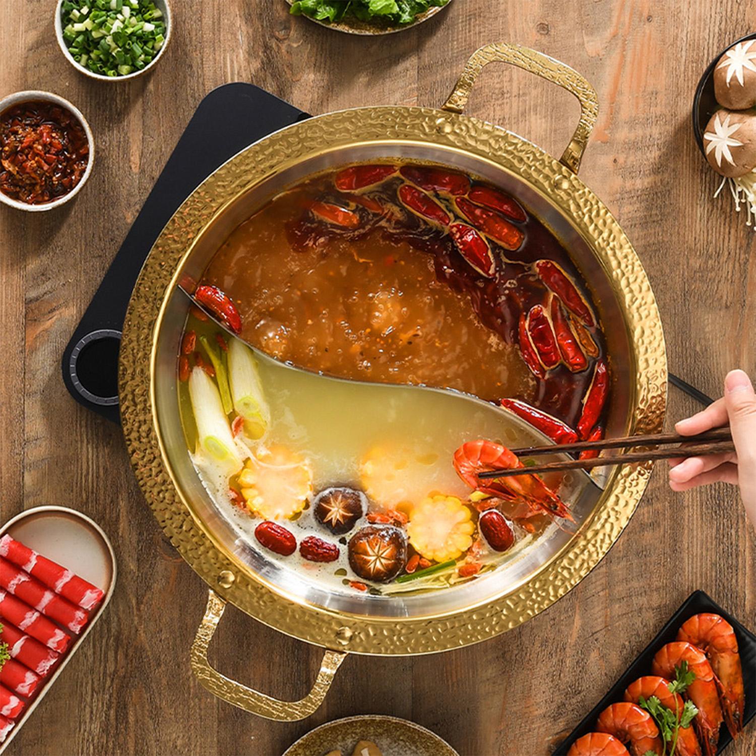 

Двухсекционная кастрюля для хот-пота, пищевая нержавеющая сталь 304, подходит для индукционных и газовых плит, семейный размер для вечеров хот-пота, вместимость 13 л M серебряный/золотой