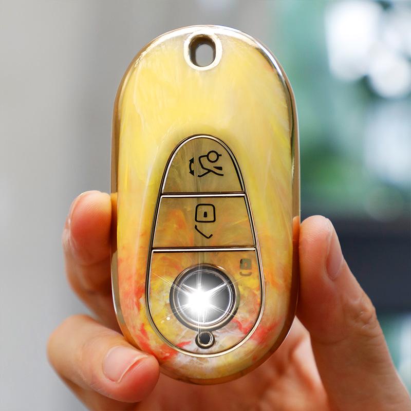 Mercedes-Benz Key Case for C260, LC200L, S400 Maybach, EQE, GLC with Gold Inlaid Jade Shell
