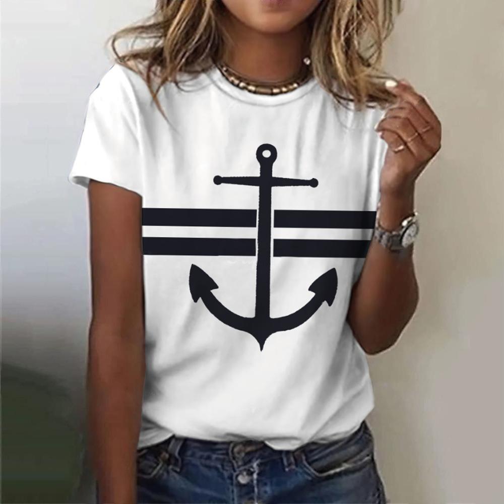 Summer European and American Style Inverted Hook Ocean 3D Printed Women's Fashionable Round Neck Short Sleeved T-shirt