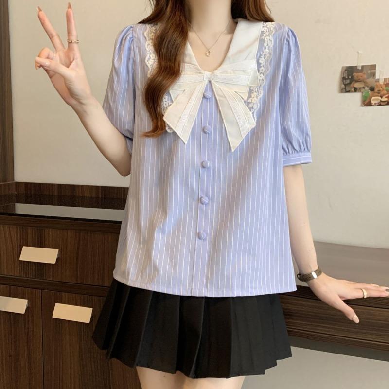 

Bow Striped Blouses for Women French V-neck Female s Blouse Single Row Button Up Women s Loose Casual Cardigan Shirts L небесно-голубой
