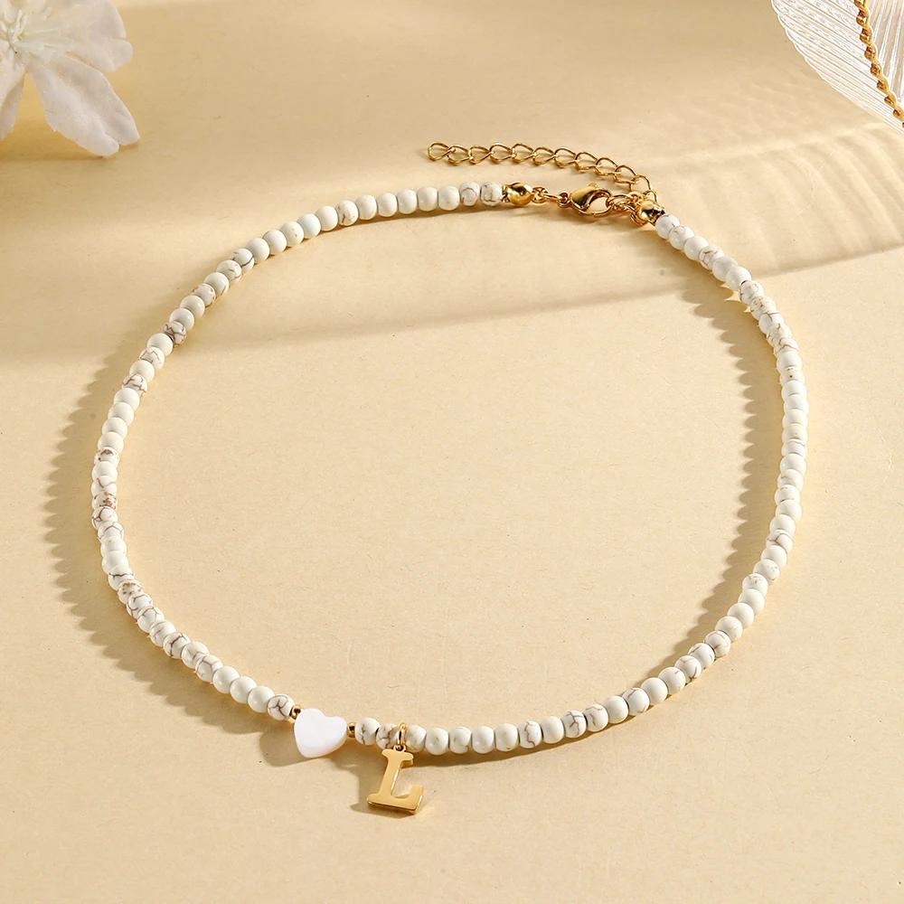 Bohemian Choker neck Initial necklaces heart-shaped shell letter pendant beads Women's stainless steel necklace woman trend2025
