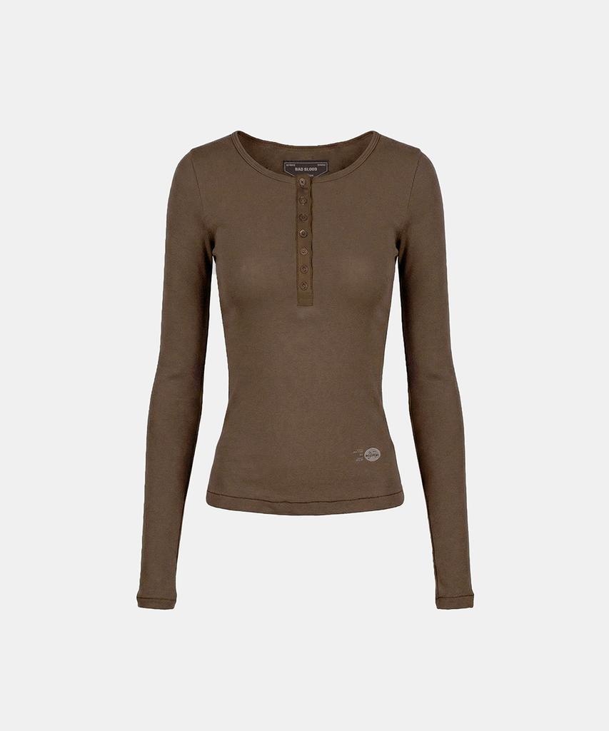 BADBLOOD Bs Cotton Jersey Fitted Henley Neck Long Sleeve T-Shirt - Brown