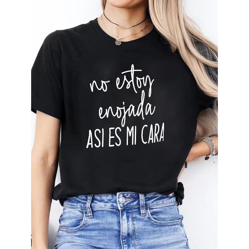 

European Size Women s Casual Short Sleeve T-Shirt with Spanish Letter Print No Estoy Enojada - Light Beige Round Neck Spring Summer Top 4XL