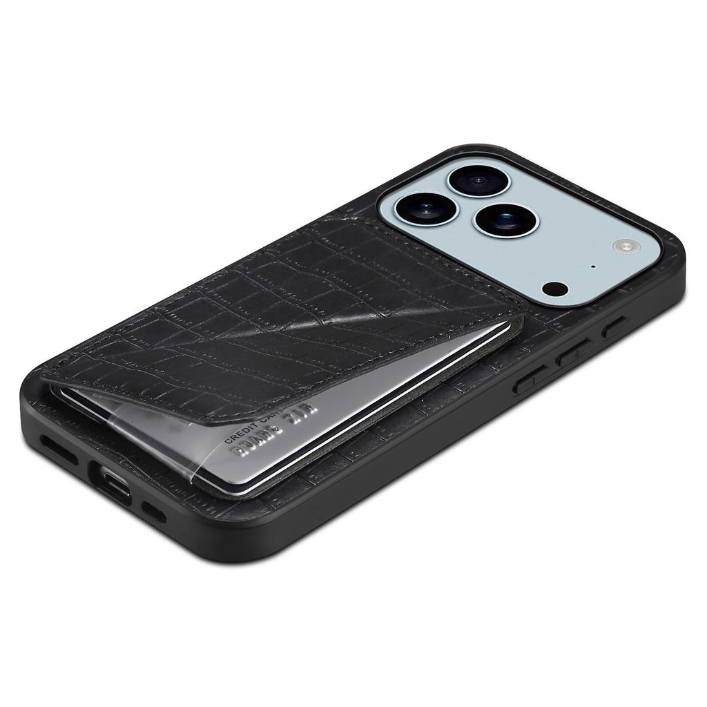 For iPhone 17 Pro Case with Card Holder Leather+PC+TPU Crocodile Textured Back Cover