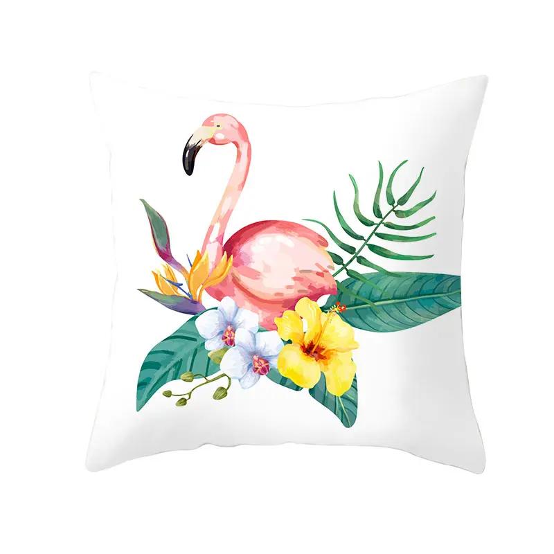 Housse de Coussin Décorative Flamant Rose Plantes Tropicales d'Été Feuilles Vertes Housse de Coussin à Jeter Housse de Coussin Flamant Rose