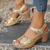 Fashion Gold Glitter Ankle Strap Sandals Women High Square Heels Summer Shoes Woman Ankle Strap Shiny Sequin Gladiator Sandles Mujer 43