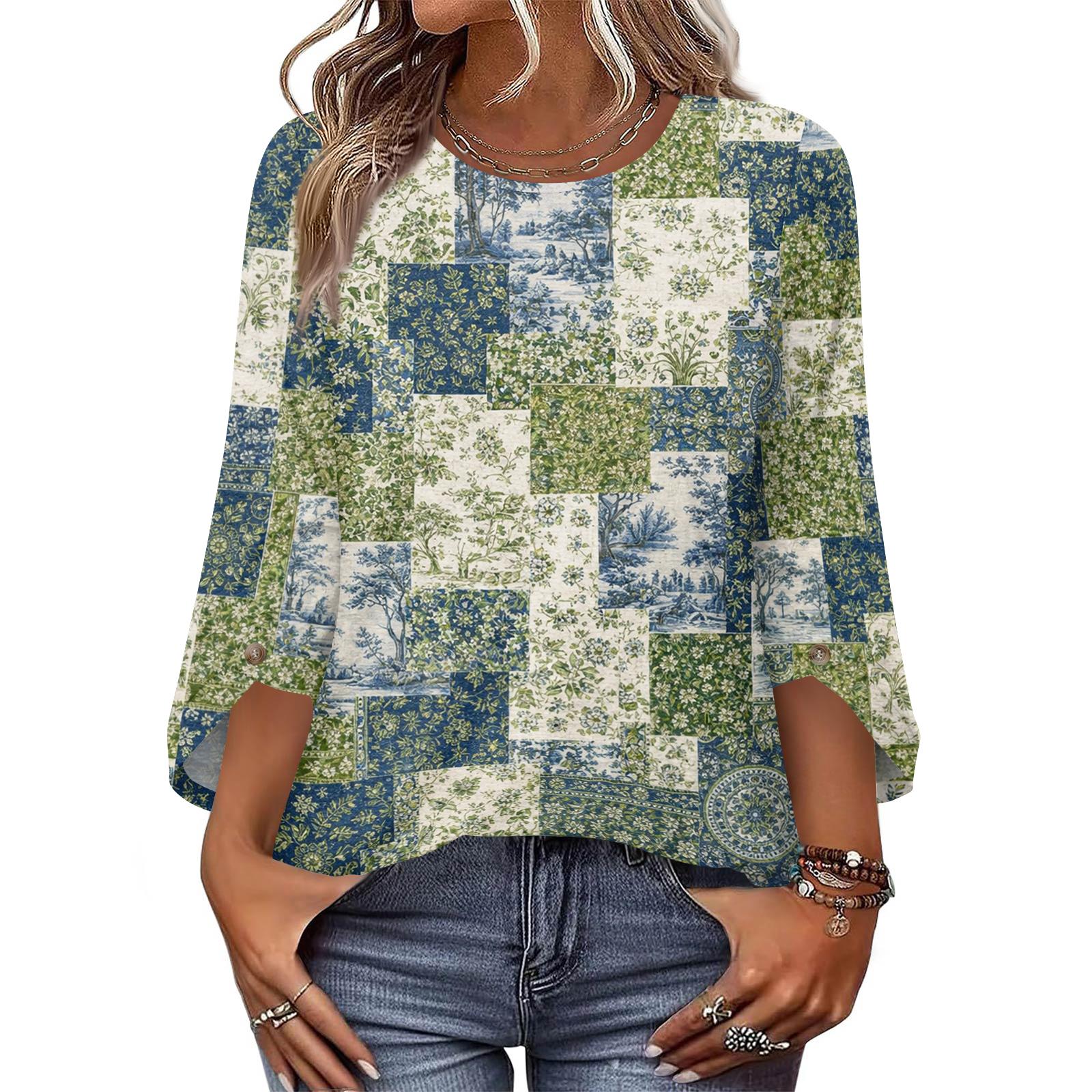 

Womens Tops 3/4 Length Sleeve Dressy Casual Blouses For Women Trendy Round Neck T Shirts L армия зеленый