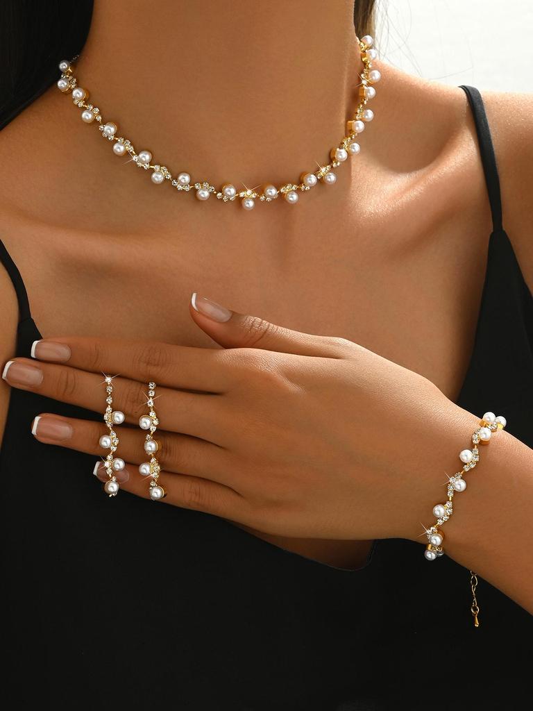 2025 Korean Fashion Wedding Jewelry: Silver Rhinestone Necklace, Earrings, Bracelet & Ring Set