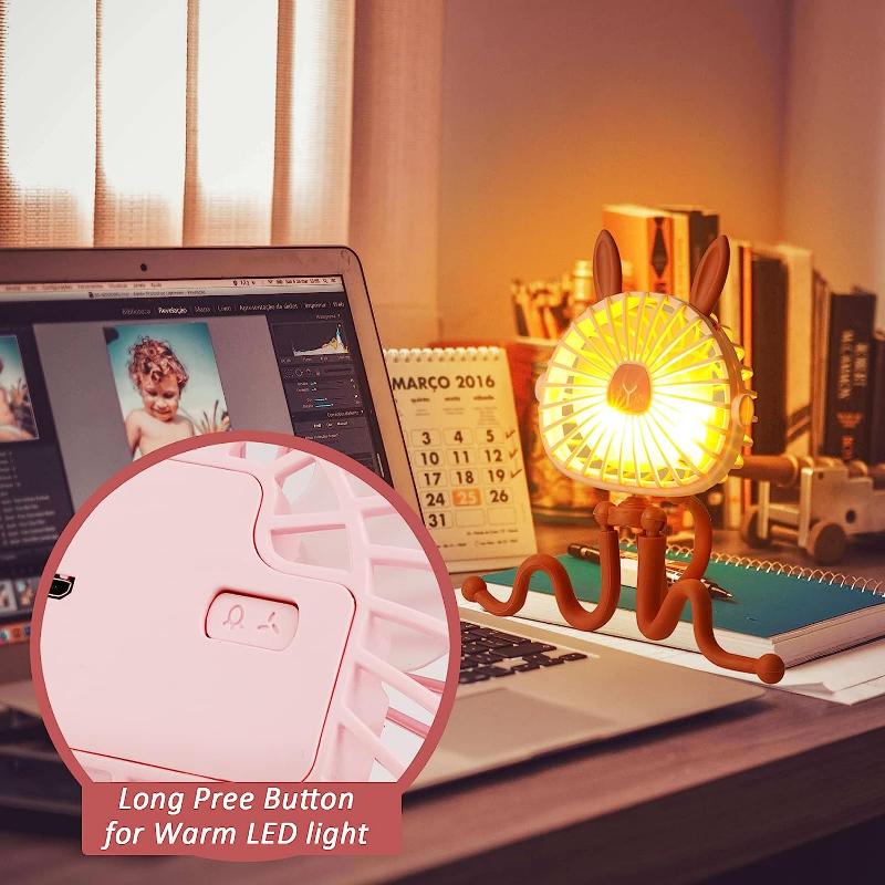 Baby Stroller Cooling Fan Portable Handheld Fan 360° Rotate Flexible Tripod Rechargeable for Bed Car Seat Travel Easter Bunny