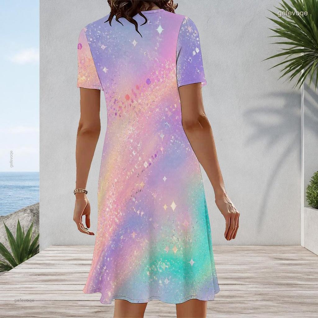 Women Plus Size Round Neck Short Sleeve Black Multicolor Printed A Line Flared Midi Dress