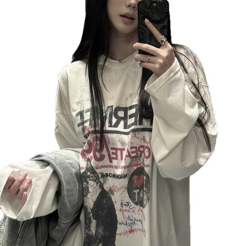 Oversized Cotton Long Sleeve T-Shirt Women Plus Size Cartoon Cat Print Loose Fit Casual Top Fall