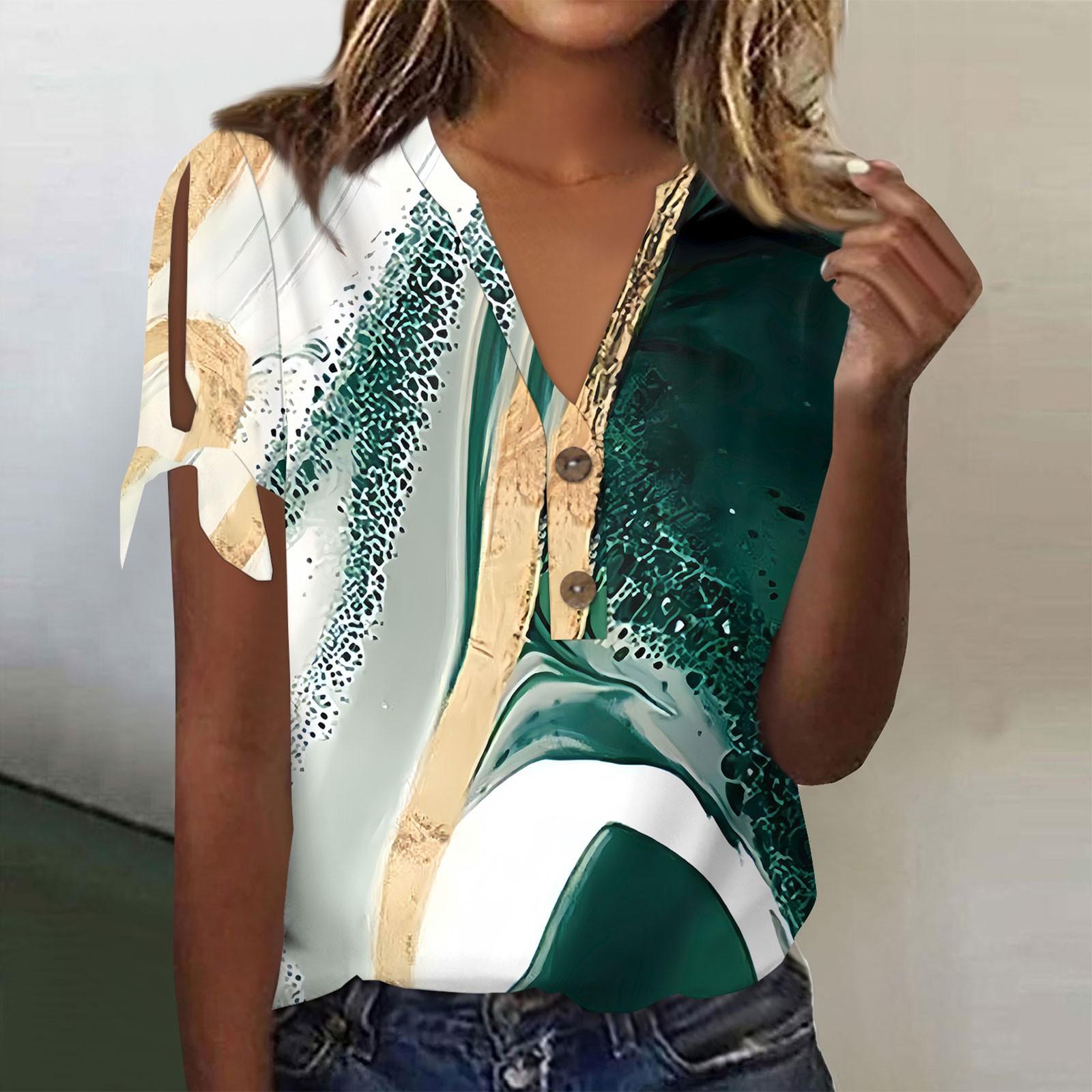 

Женская модная летняя футболка с v-образным вырезом и бантом с коротким рукавом и градиентным принтом на пуговицах Топ L