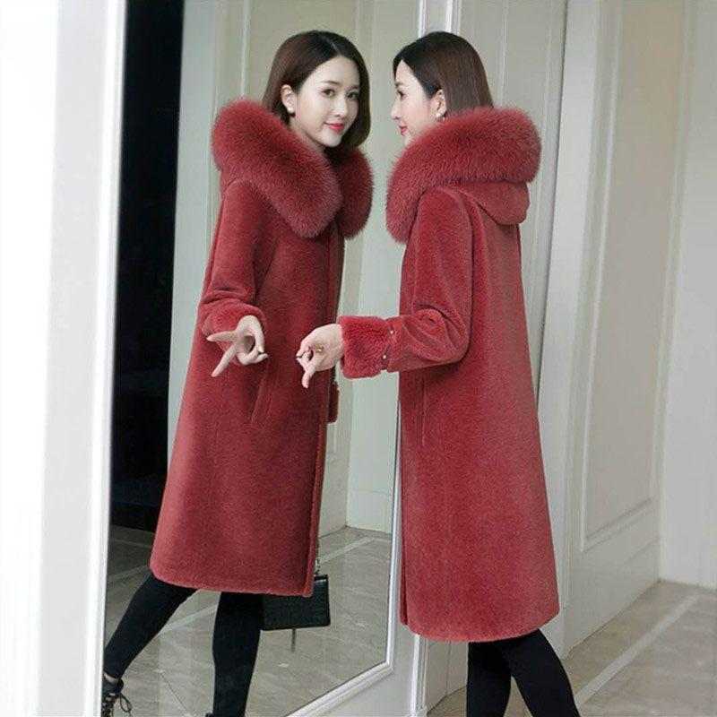 

Женское длинное пальто из 100% кашемира с капюшоном, шерстяное пальто больших размеров с воротником из лисьего меха XL