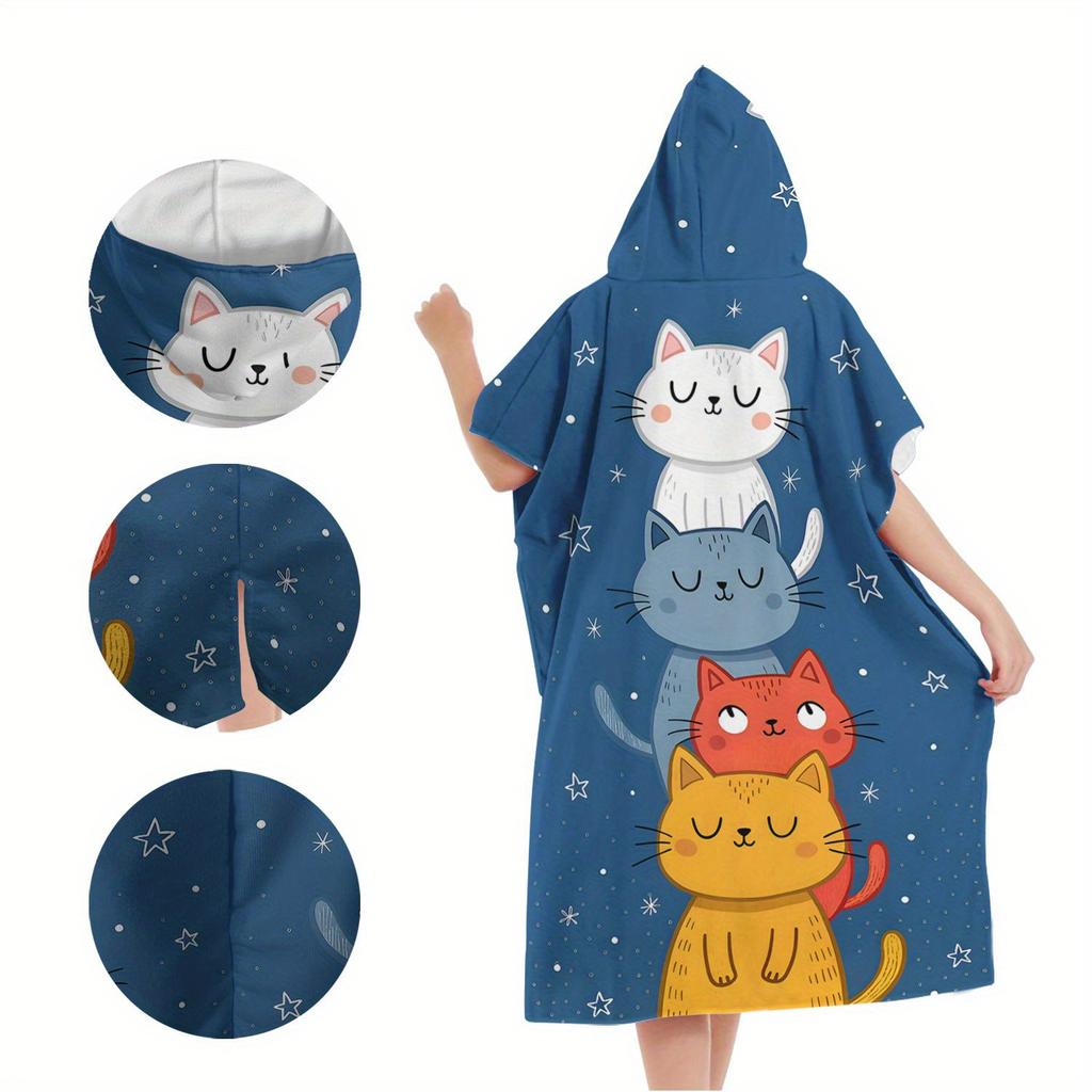 1pc Cute Cat Stack Surf Poncho Towel, Polyester Hooded Beach Changing Robe, Cartoon Cat Star Print Swim Poncho, Adult & Kids Bea