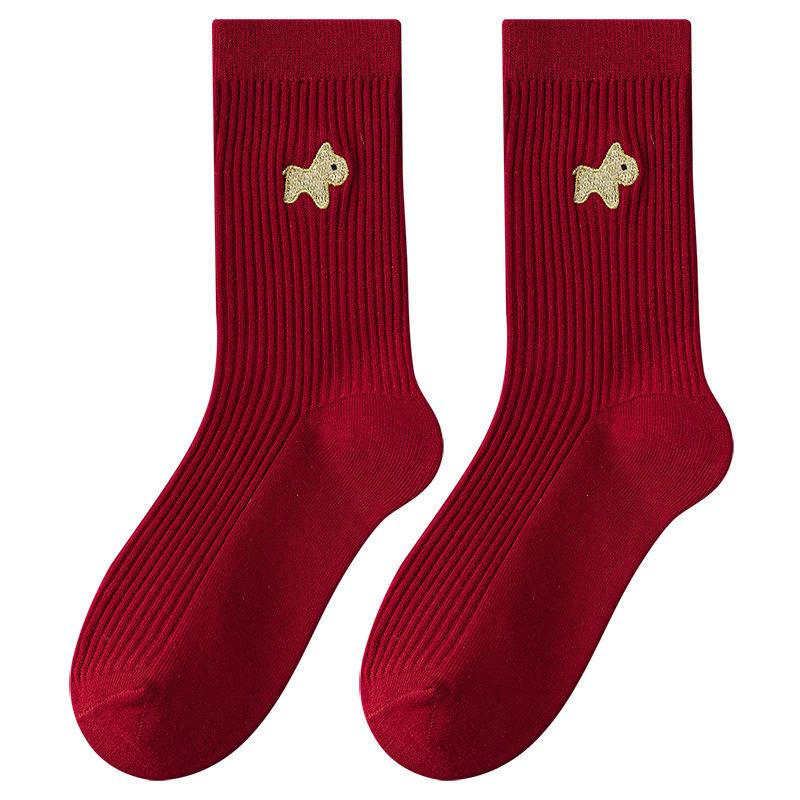 Embroidered Red Socks for Autumn and Winter, Bright Red New Year Warm Mid-calf Women's Socks, Winter Wedding Socks