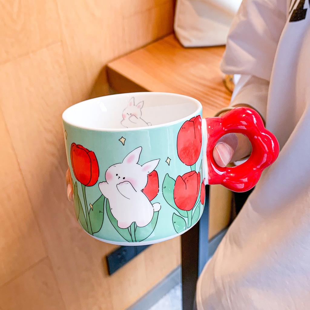 Cute Tulip Cup for Girls Ceramic Mug Couples with High Looks At Home Children's Breakfast Cup Souvenir