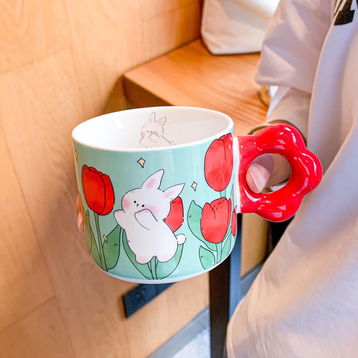 

Милая чашка-тюльпан для девочек, керамическая кружка для пар, с высоким дизайном для дома, детская чашка для завтрака, сувенир 301-400ml