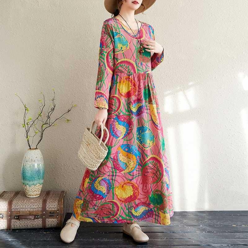 Large Size Summer Vintage Floral Loose Dress Flowing A-line Dress Women