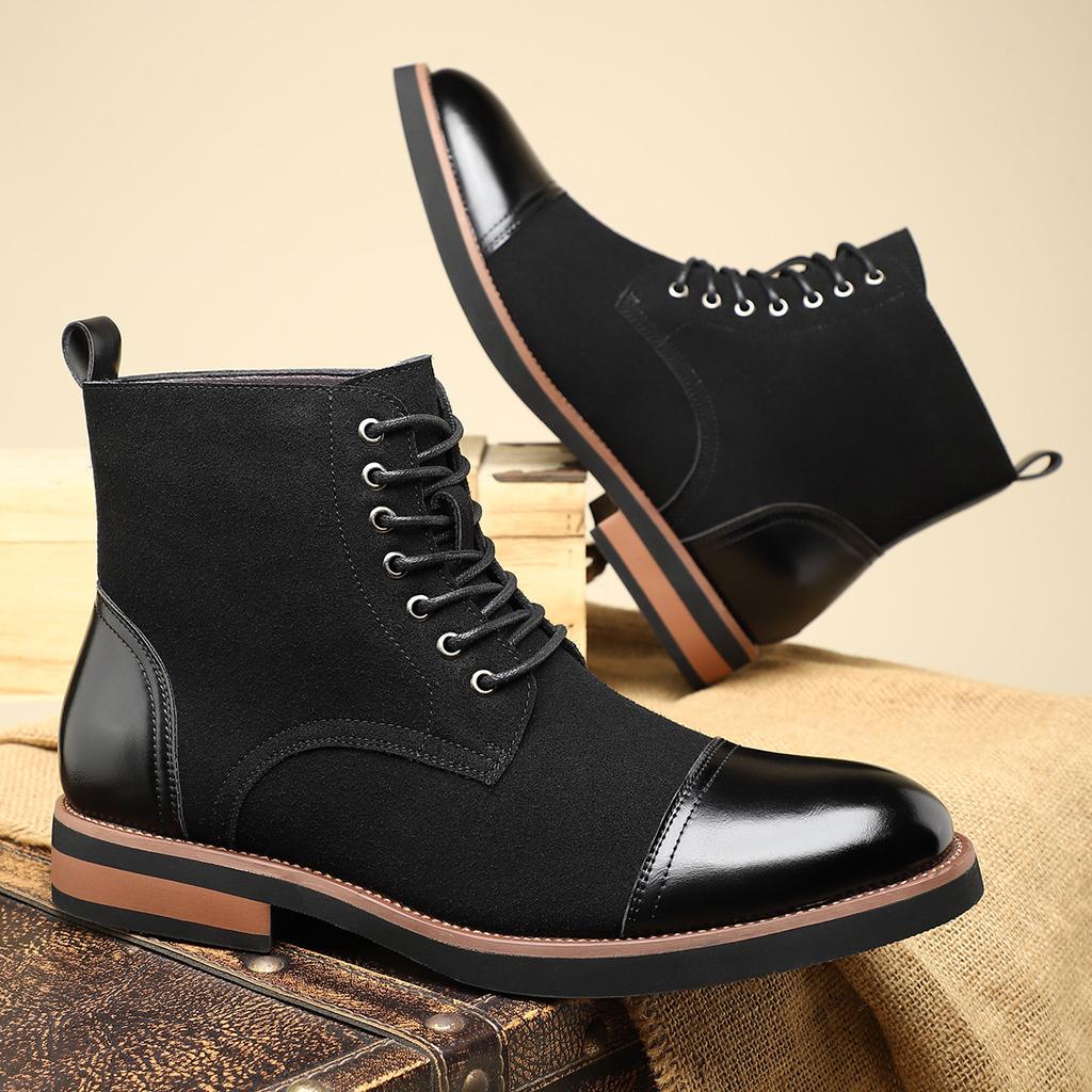 New Designer Pointed Mixed Color Lace Up Business Casual Ankle Boot for Men Winter High Tops Motorcycle Chelsea Leather Shoes