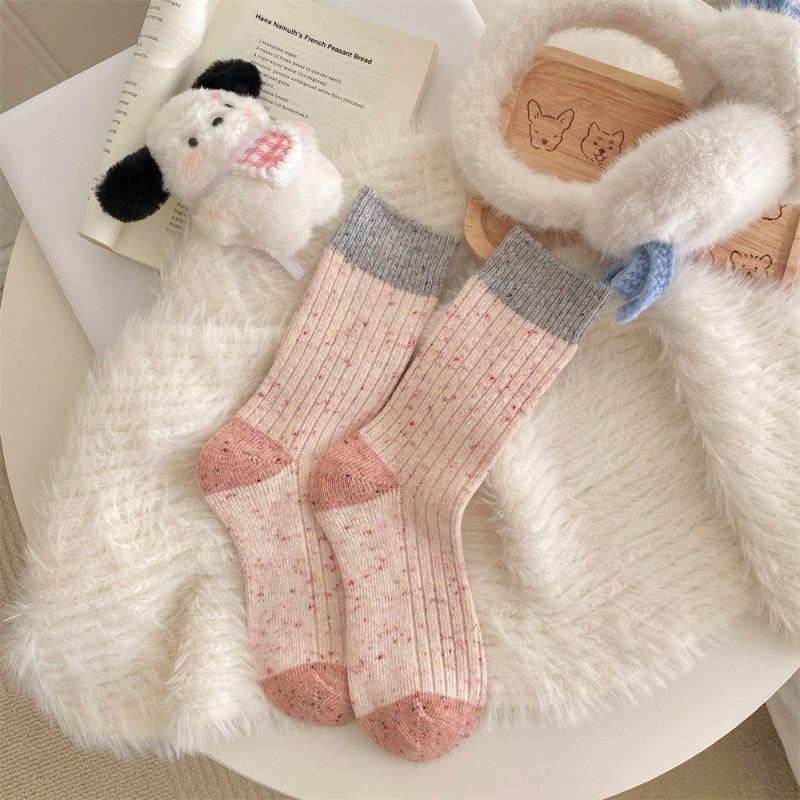 Female Spring and Autumn Thickened Warm Color Collision Wool Tube Pile Socks