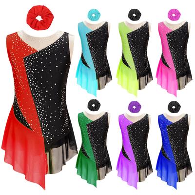 Tenue de Danse sur Glace pour Filles Leotard Color Block Scintillant Strass Bodysuit Sans Manches Patchwork Maille Transparente Bandeau pour Cheveux